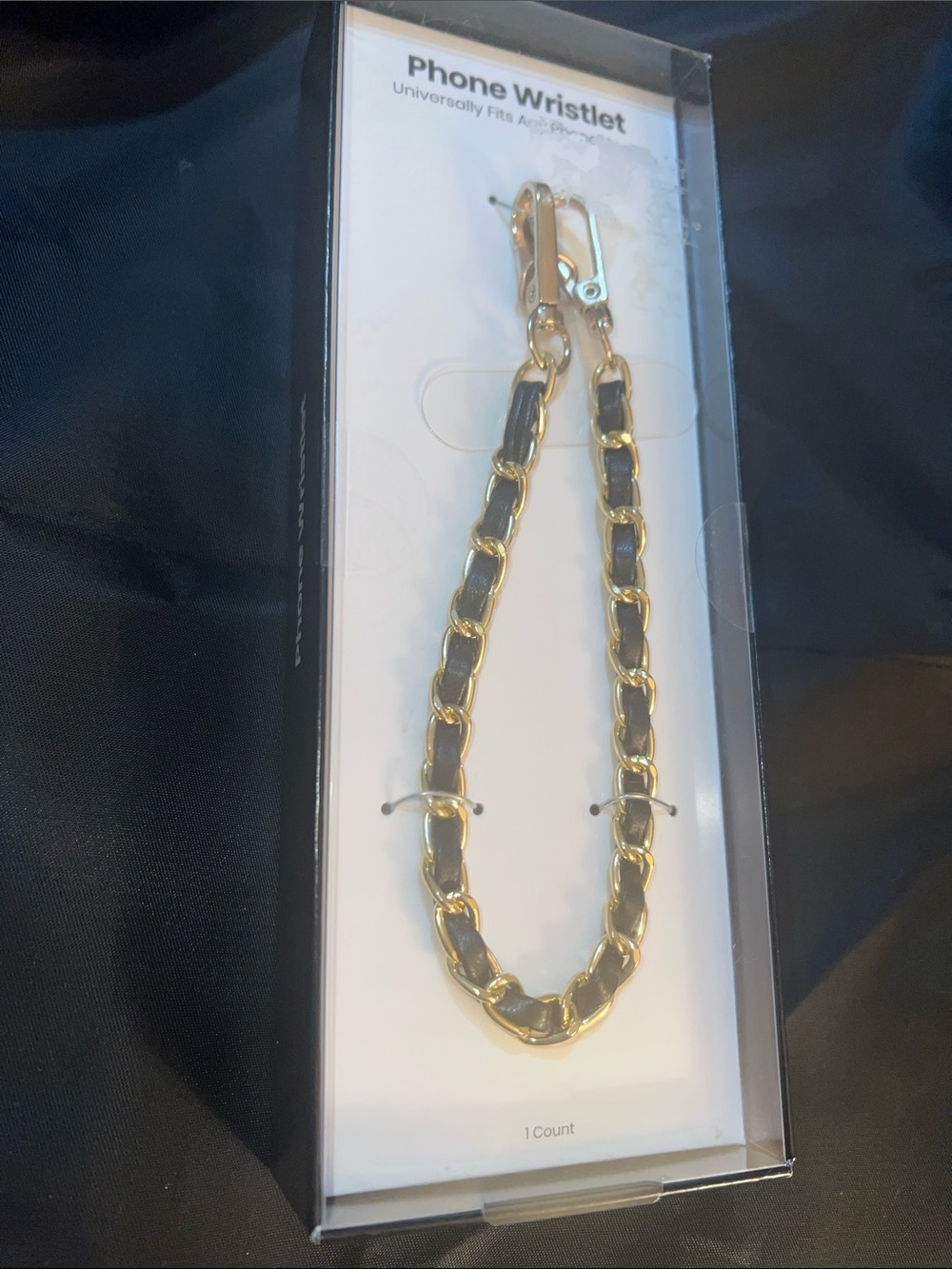 NIB Universal Phone Wristlet Golden Chain With Faux Black leather 12.5in
